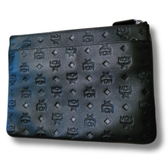 MCM Klara Medium Monogrammed Leather Clutch Bag - Black - Picture 2 of 4